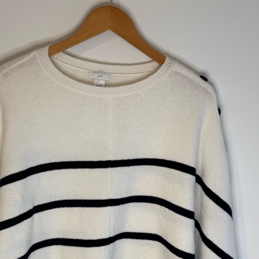 J.  Jill  Ivory  Black  Striped  Poncho  Sweater  One  Size  Casual  Minimalist - Picture 2 of 9